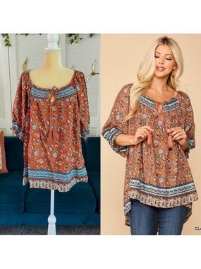 Gigio | Hannah Terracotta Clay Rust Bohemian Peasant Top Tassel Paisley Small
